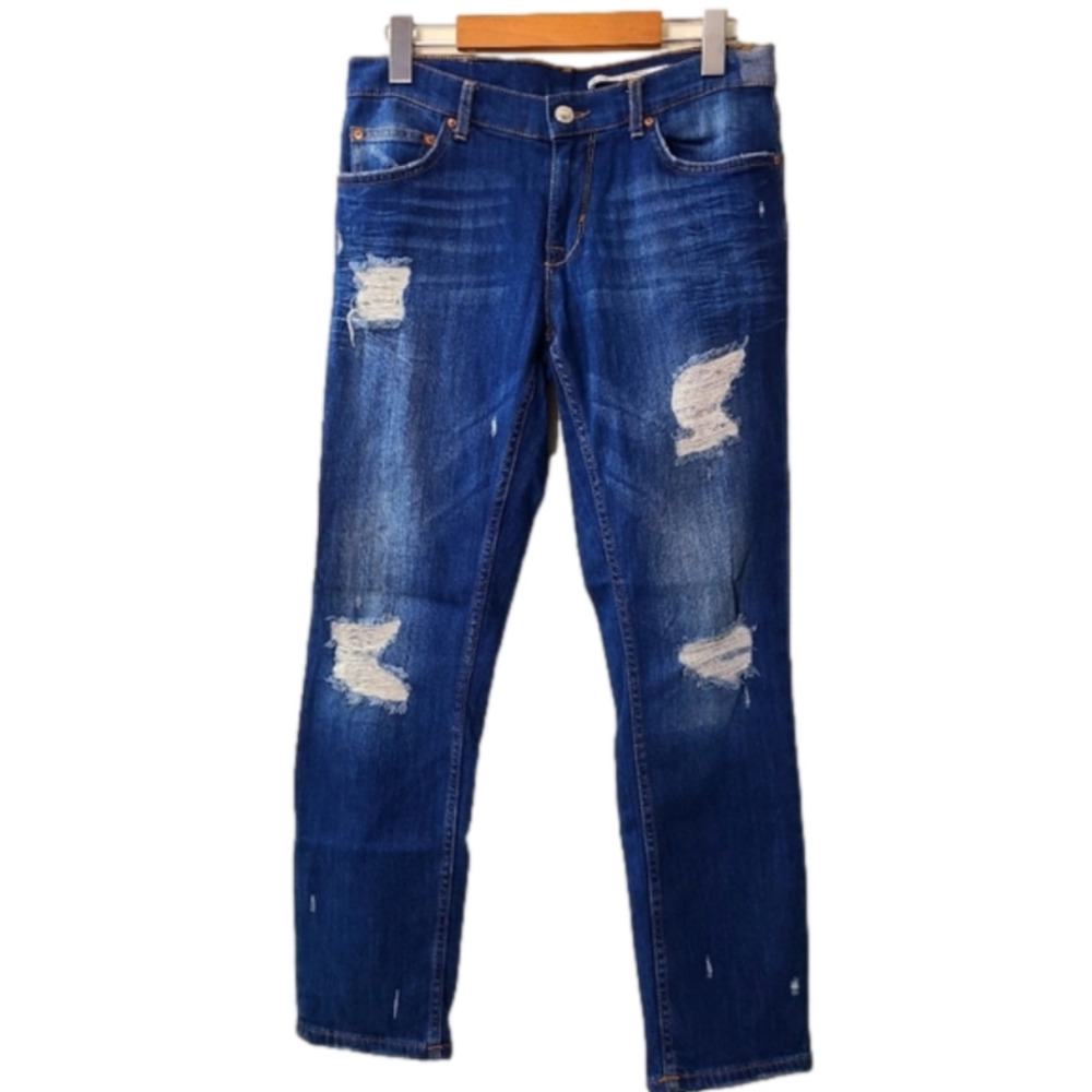 Zara Women’s Blue Distressed Denim Jeans Sz 4 Medium Rise Straight Leg Casual